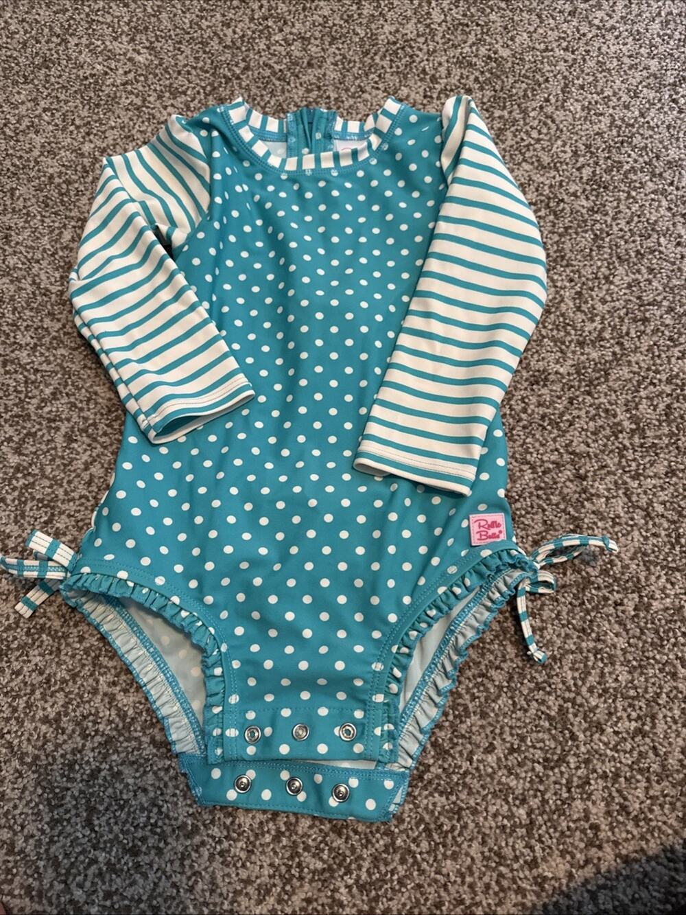Infant Girl’s RUFFLE BUTTS SWIMSUIT Size2t Blue White Striped Polkadot